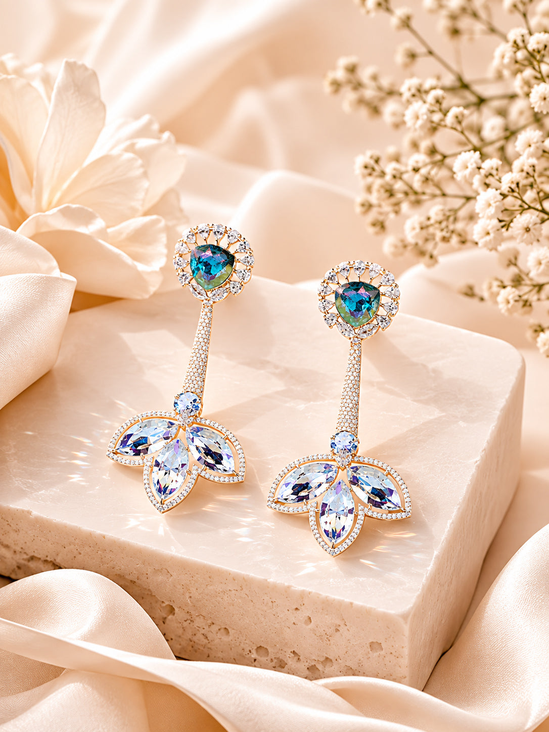 Aanura Iridescent & CZ Floral Dangle Earrings