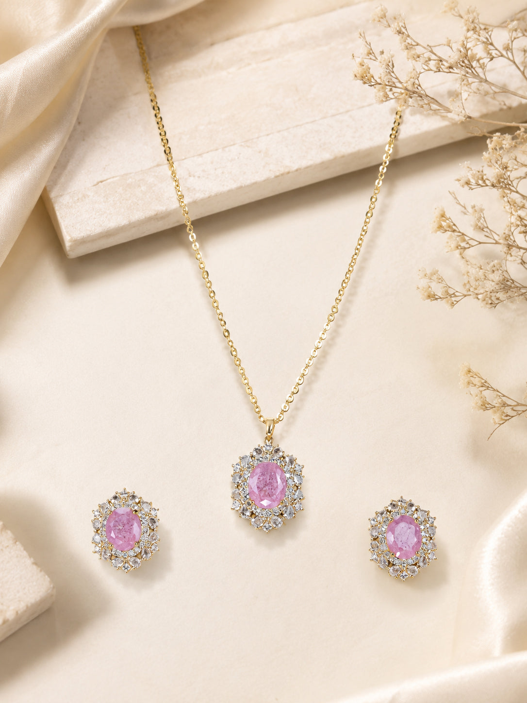 Aanura Pink Oval Halo Necklace & Earrings Set