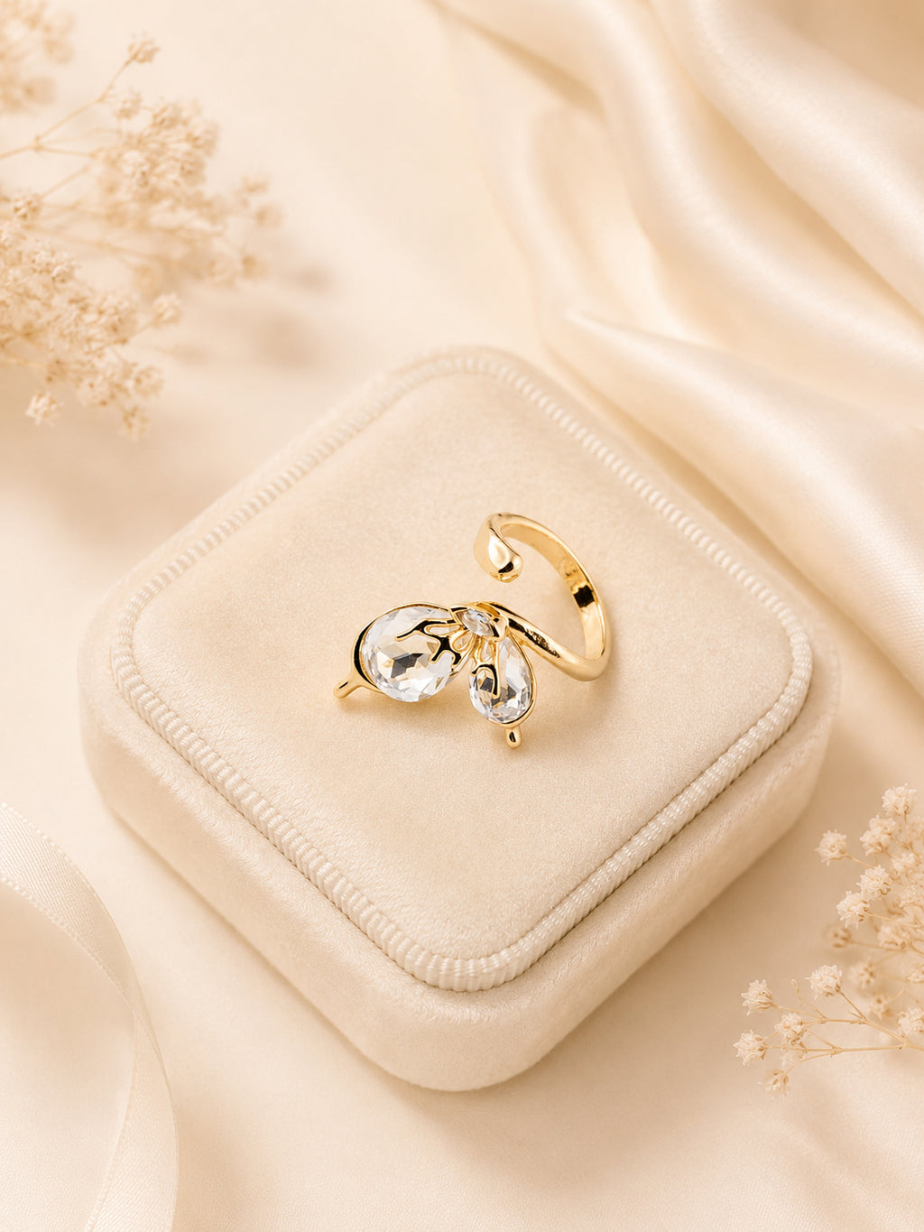18K Gold Plated Anti- Tarnish Crystal Leaf Open Ring