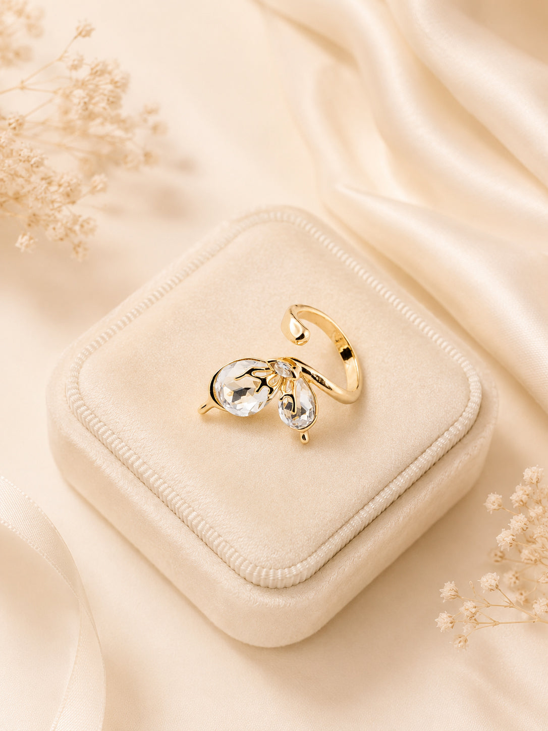 18K Gold Plated Anti- Tarnish Crystal Leaf Open Ring
