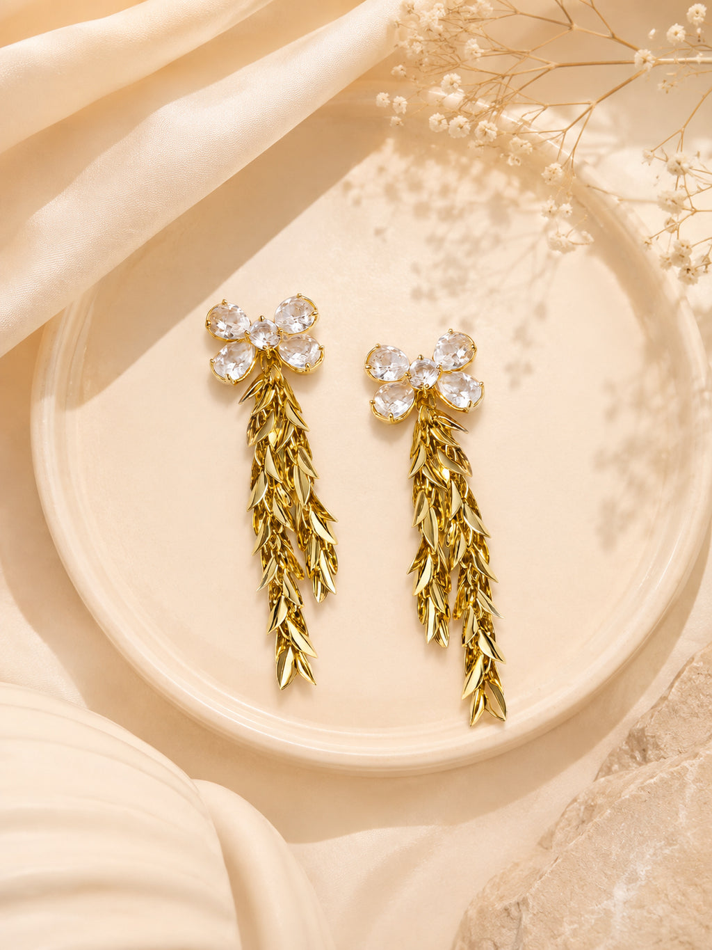 Aanura Crystal Blossom Leaf Drop Earrings
