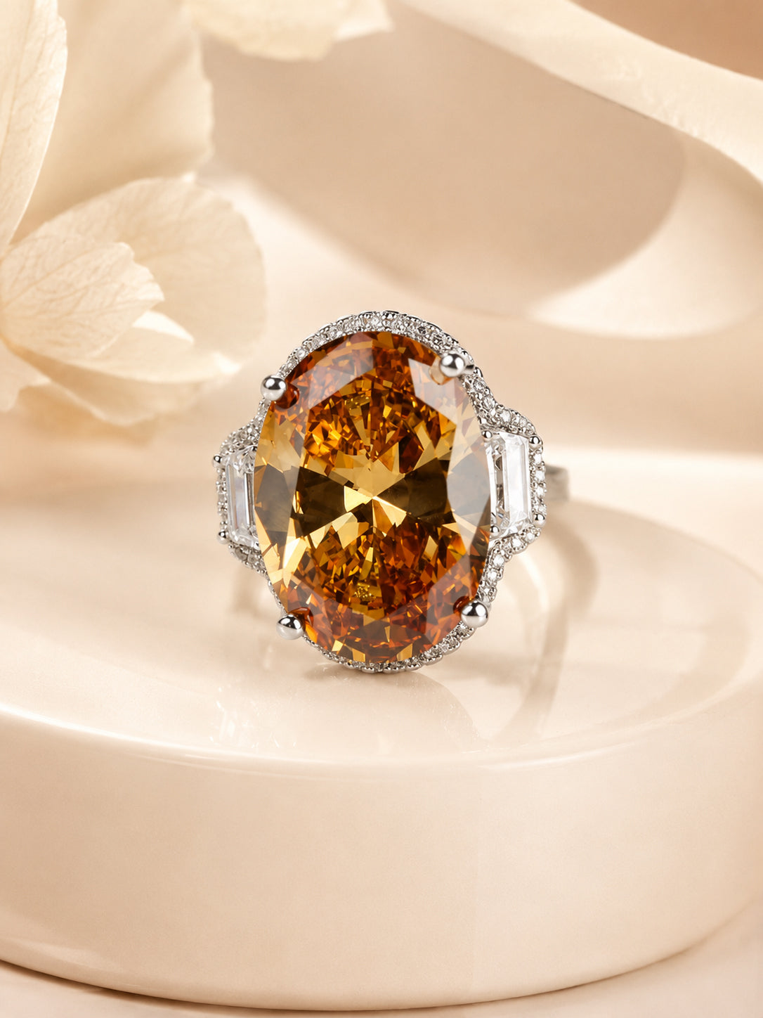 Rhodium Plated Vintage Yellow Gem Anti-Tarnish Waterproof Ring