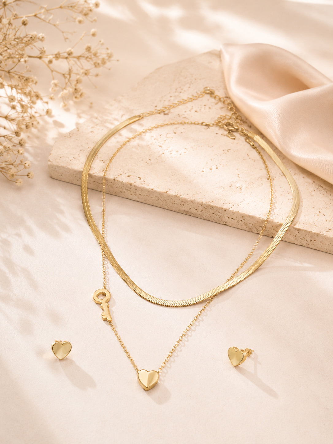 Aanura Golden Heart & Key Necklace & Earrings Set