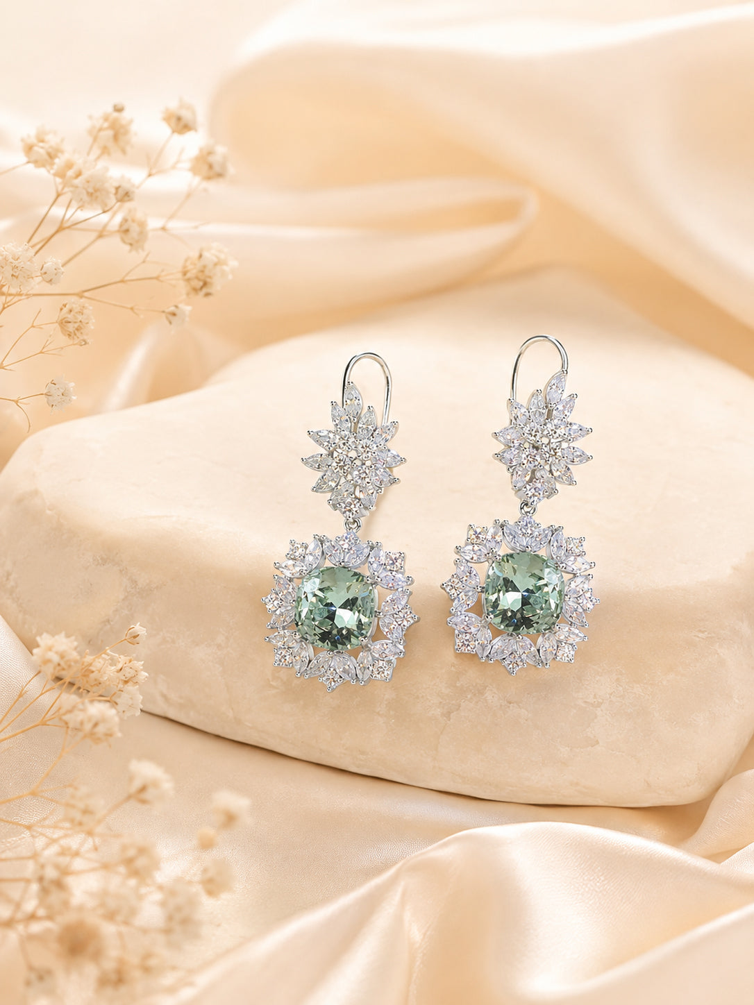 Aanura Silver Green Crystal Halo Drop Earrings