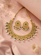 Aanura Gold-Plated Pearl & Green Stone Choker Set