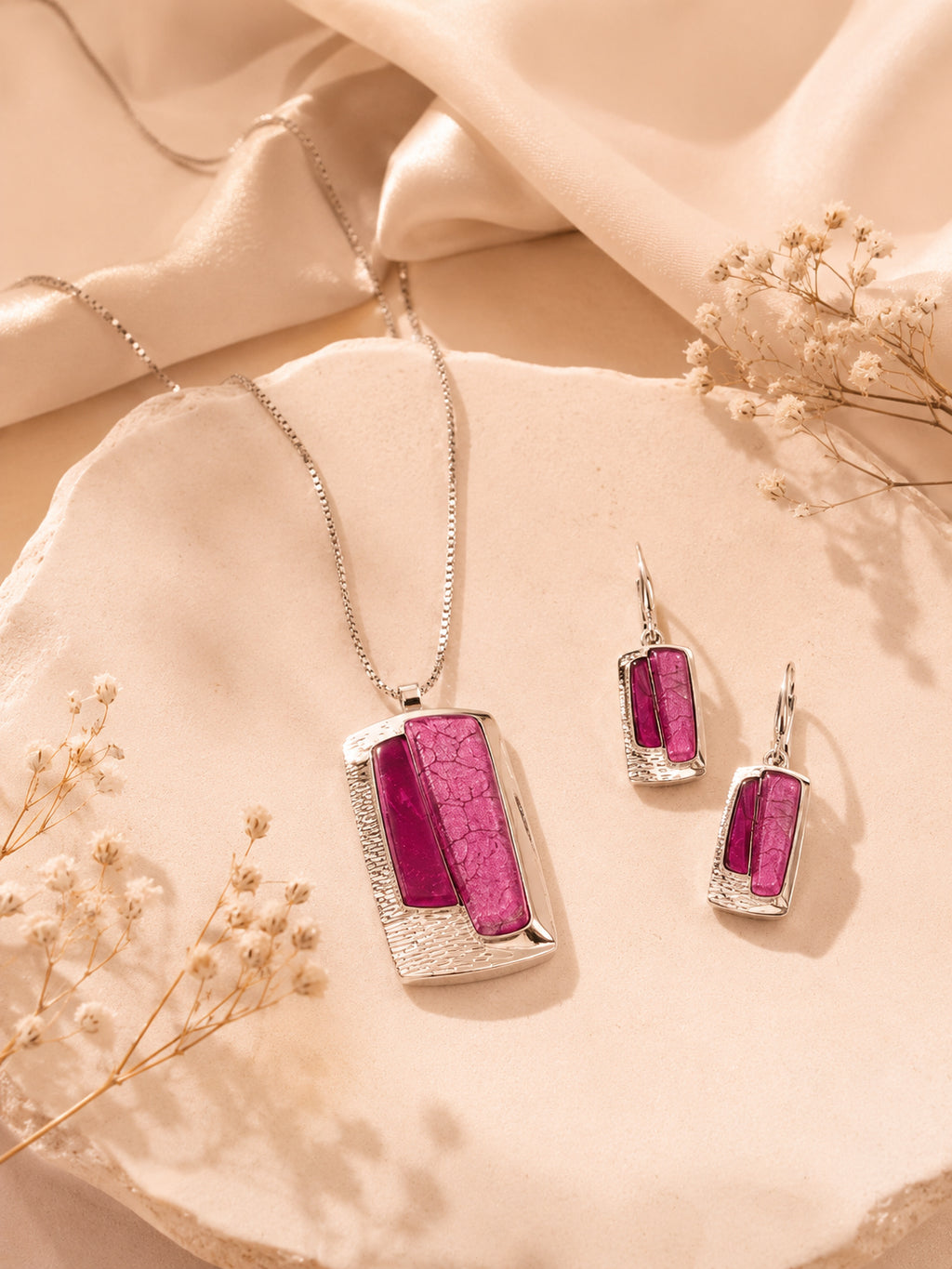 Aanura Rectangular Pink Stone Necklace & Earrings Set