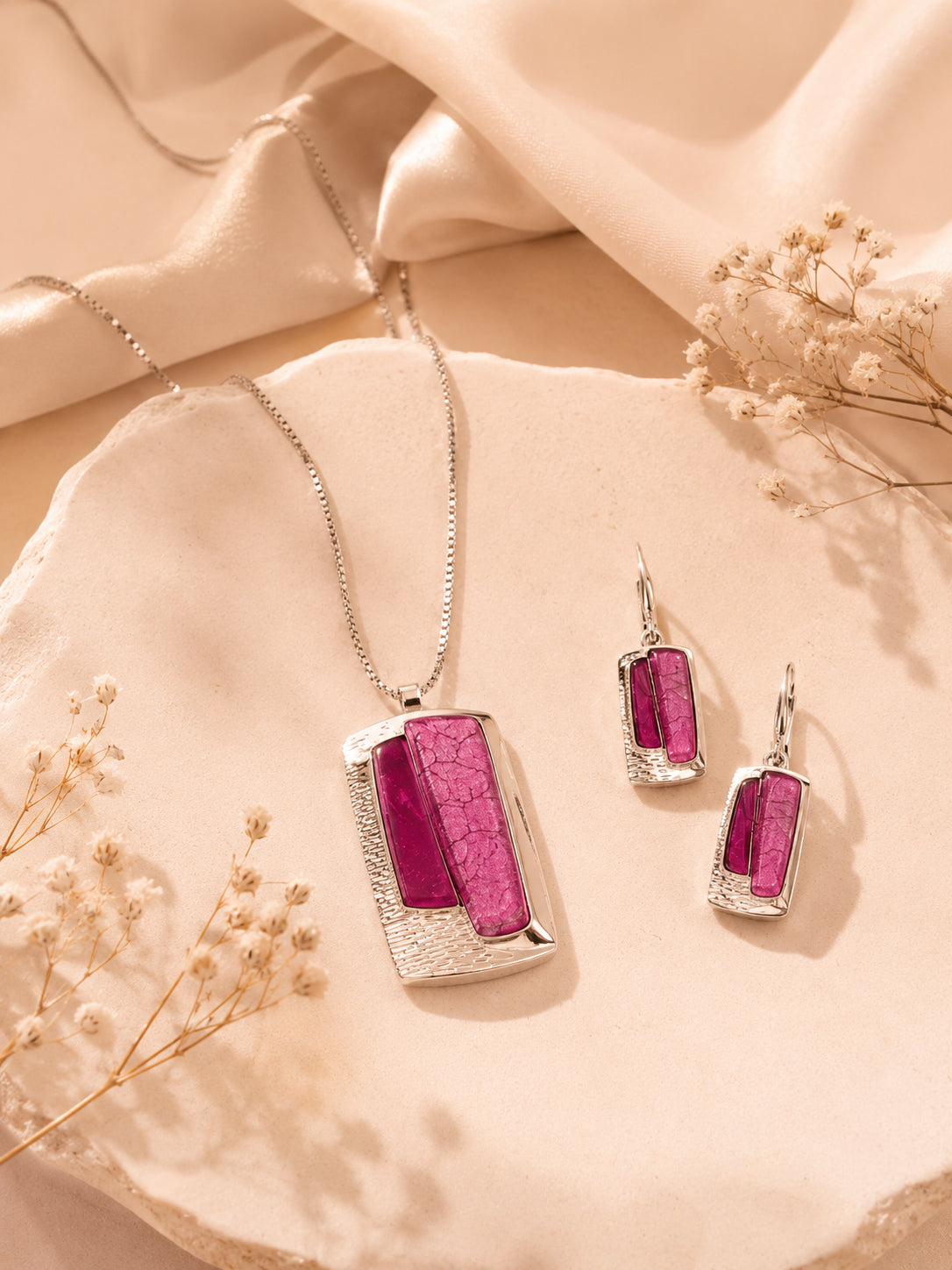 Aanura Rectangular Pink Stone Necklace & Earrings Set