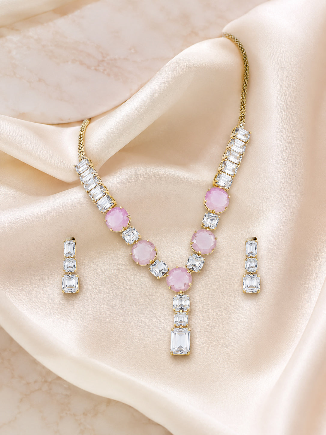 Aanura Pink Stone Diamond-Cut Necklace Set