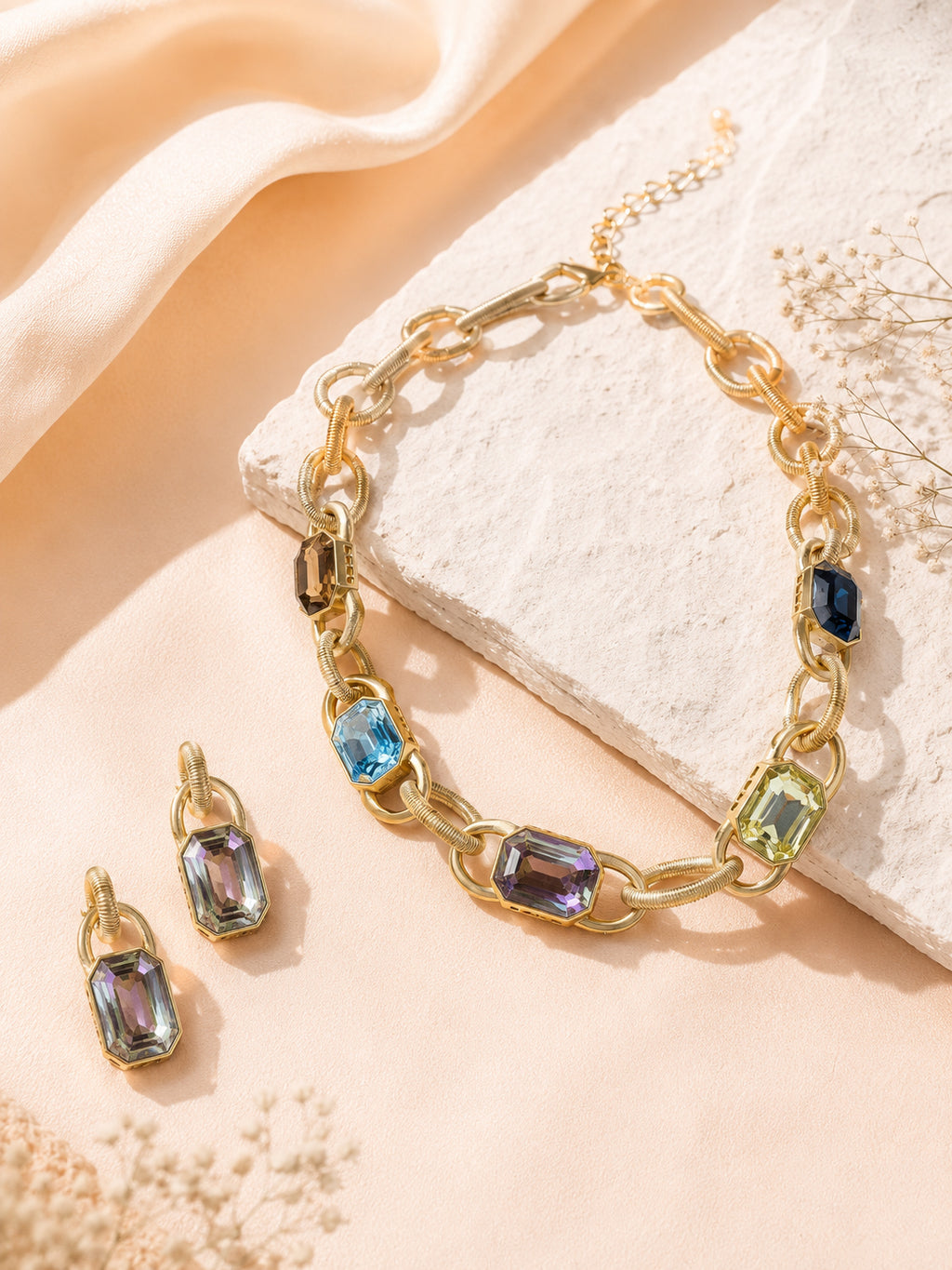 Aanura Gold Link Multicolor Crystal Necklace Set Stainless