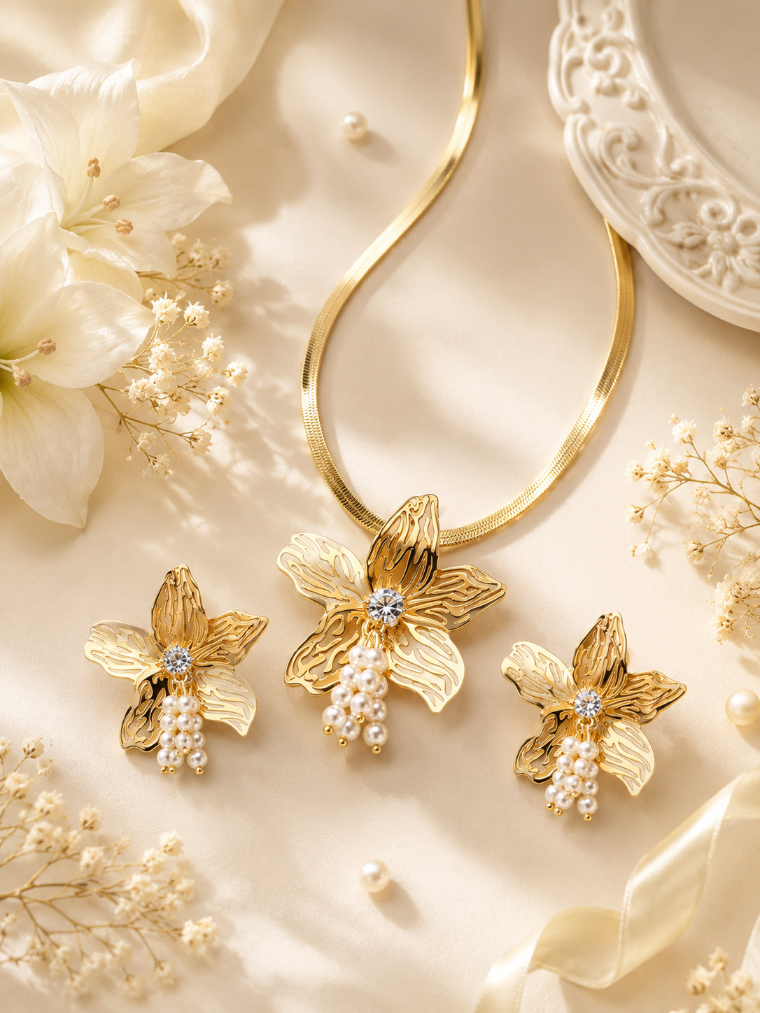 Aanura Orchid Gold Necklace & Earrings Set