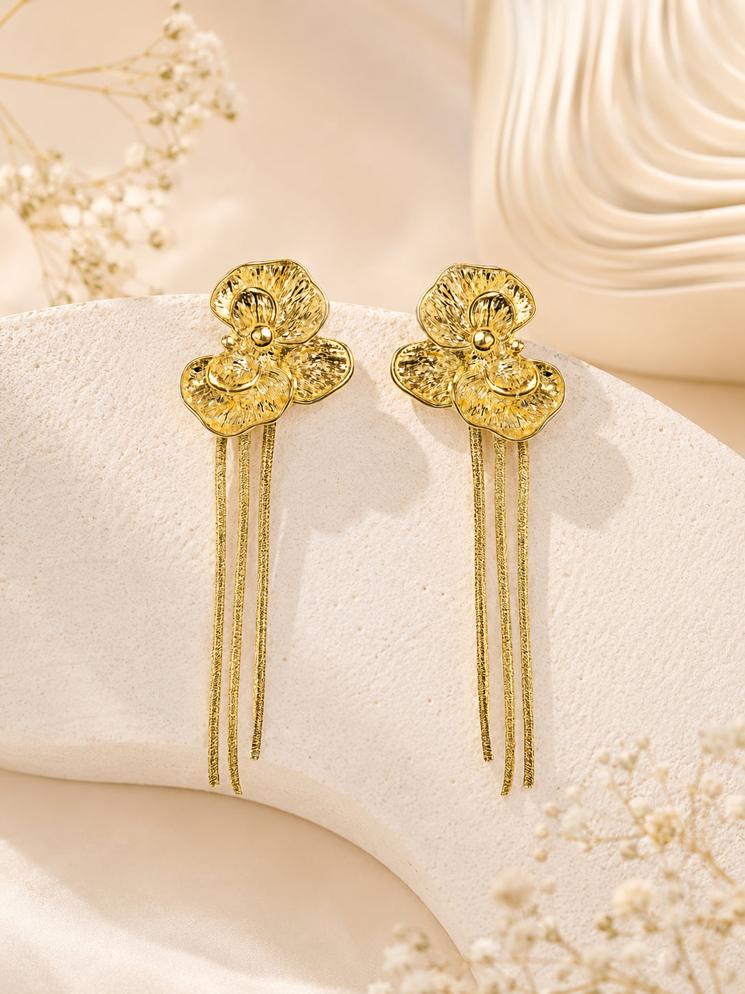 Aanura Golden Floral Tassel Earrings