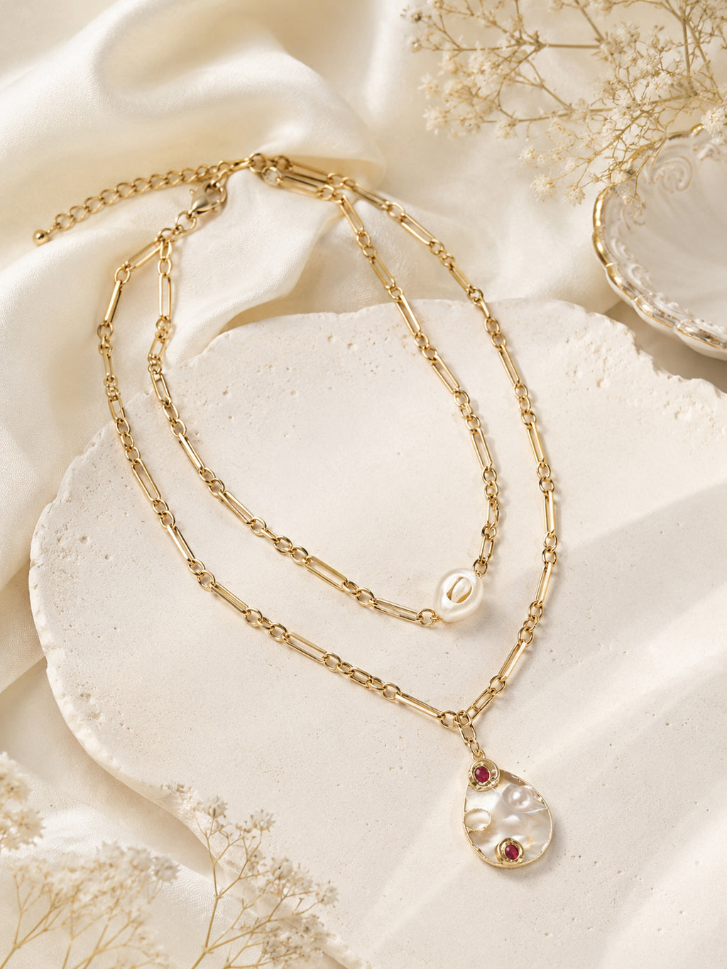 Aanura Double Layer Gold Chain Necklace with Shell