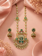 Aanura Long Temple Necklace Set with Green & Red Stones