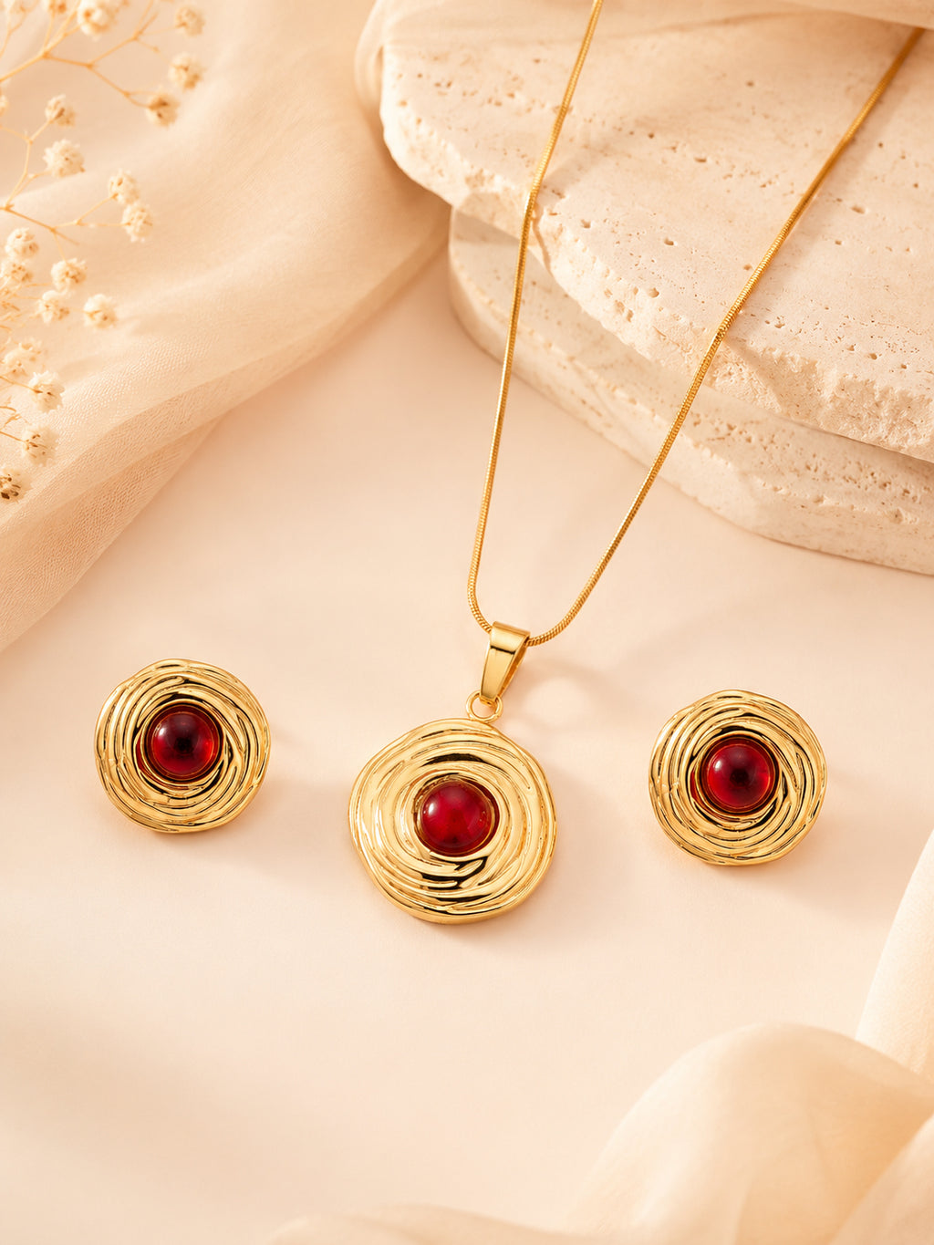 Gold Plated Tarnish-Resistant Red Stone Textured Pendant Set