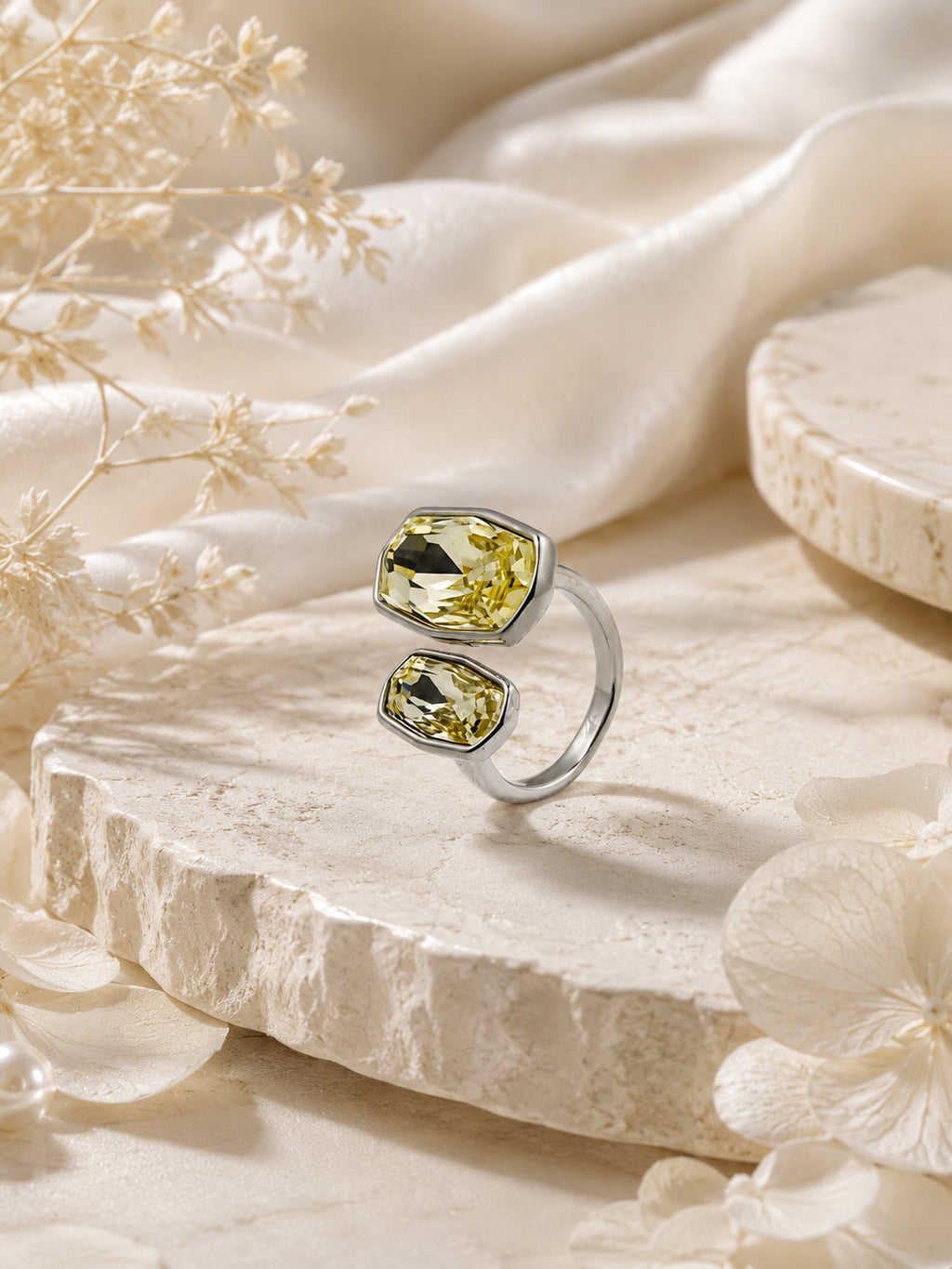 Rhodium Plated Yellow Double Crystal Open Ring