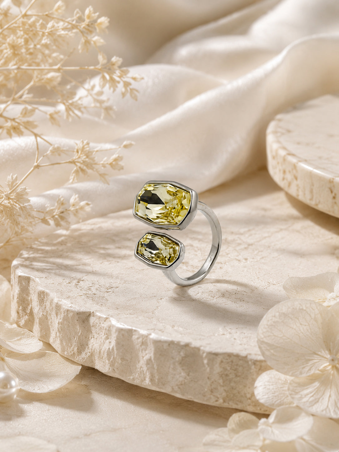 Rhodium Plated Yellow Double Crystal Open Ring