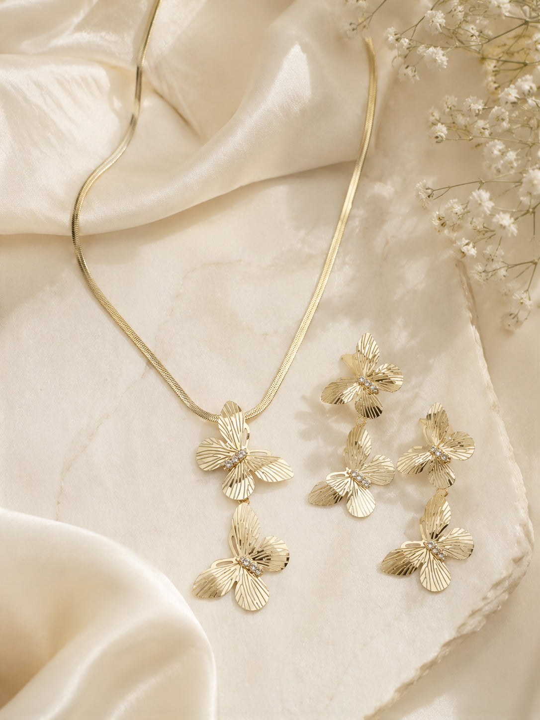 Golden Triple Orchid Necklace & Earrings Set