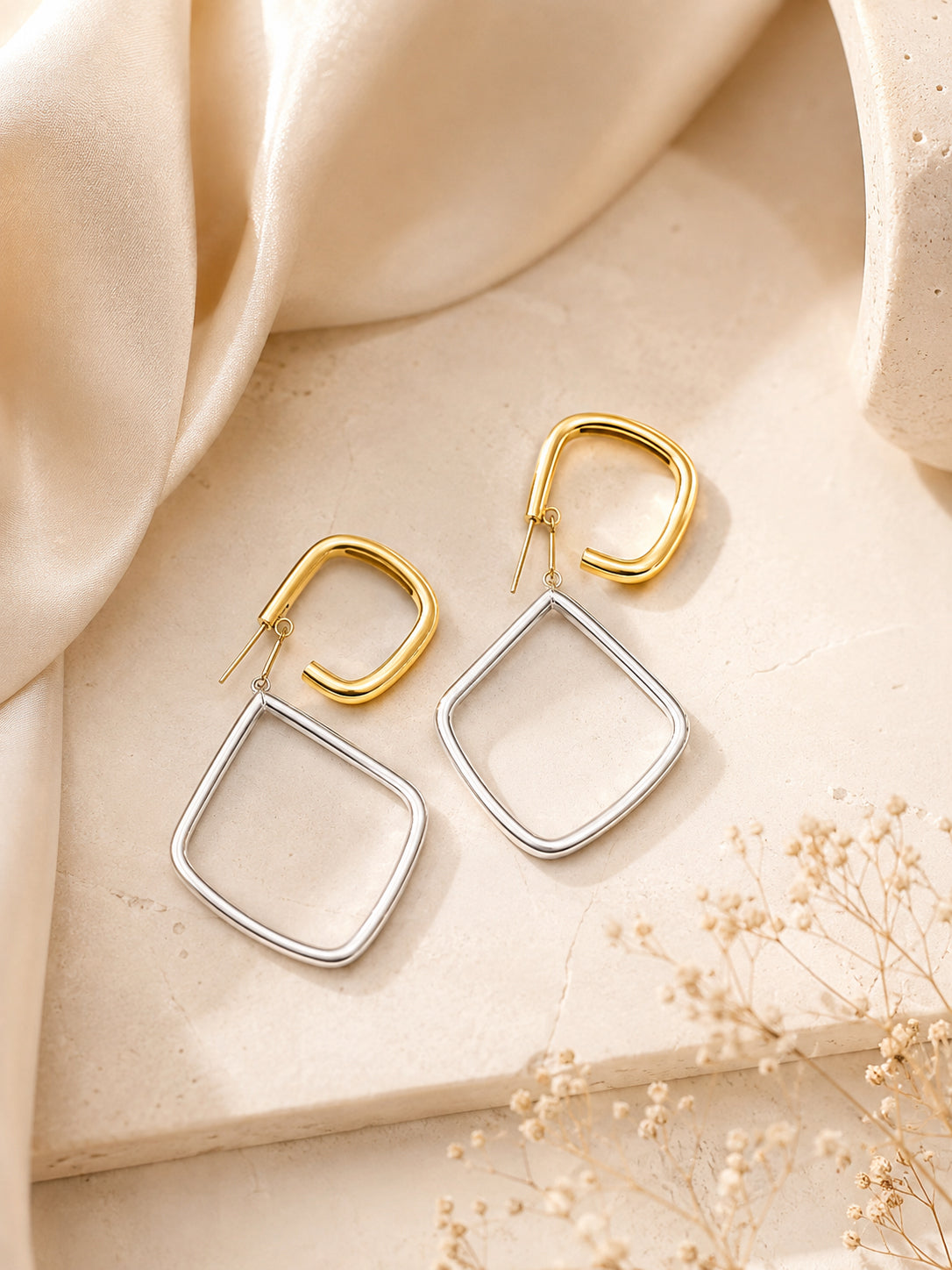 Aanura Dual Tone Geometric Hoop Drop Earrings