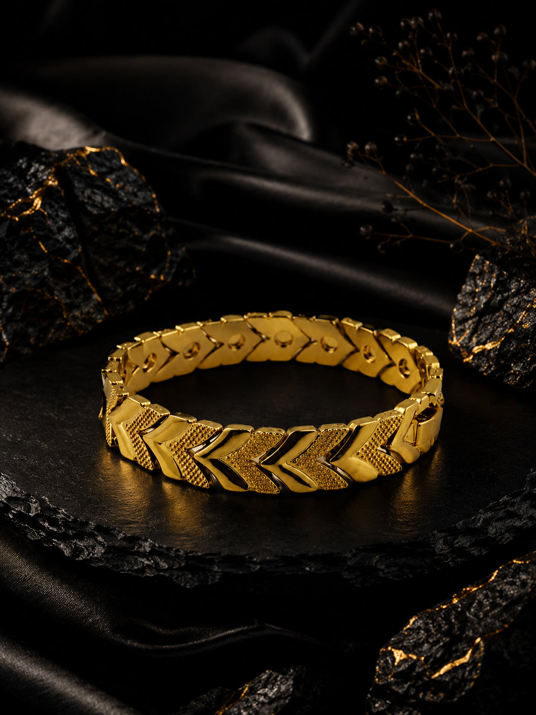18K Gold Plated Herringbone Chain & Chevron Bracelet Set for Men