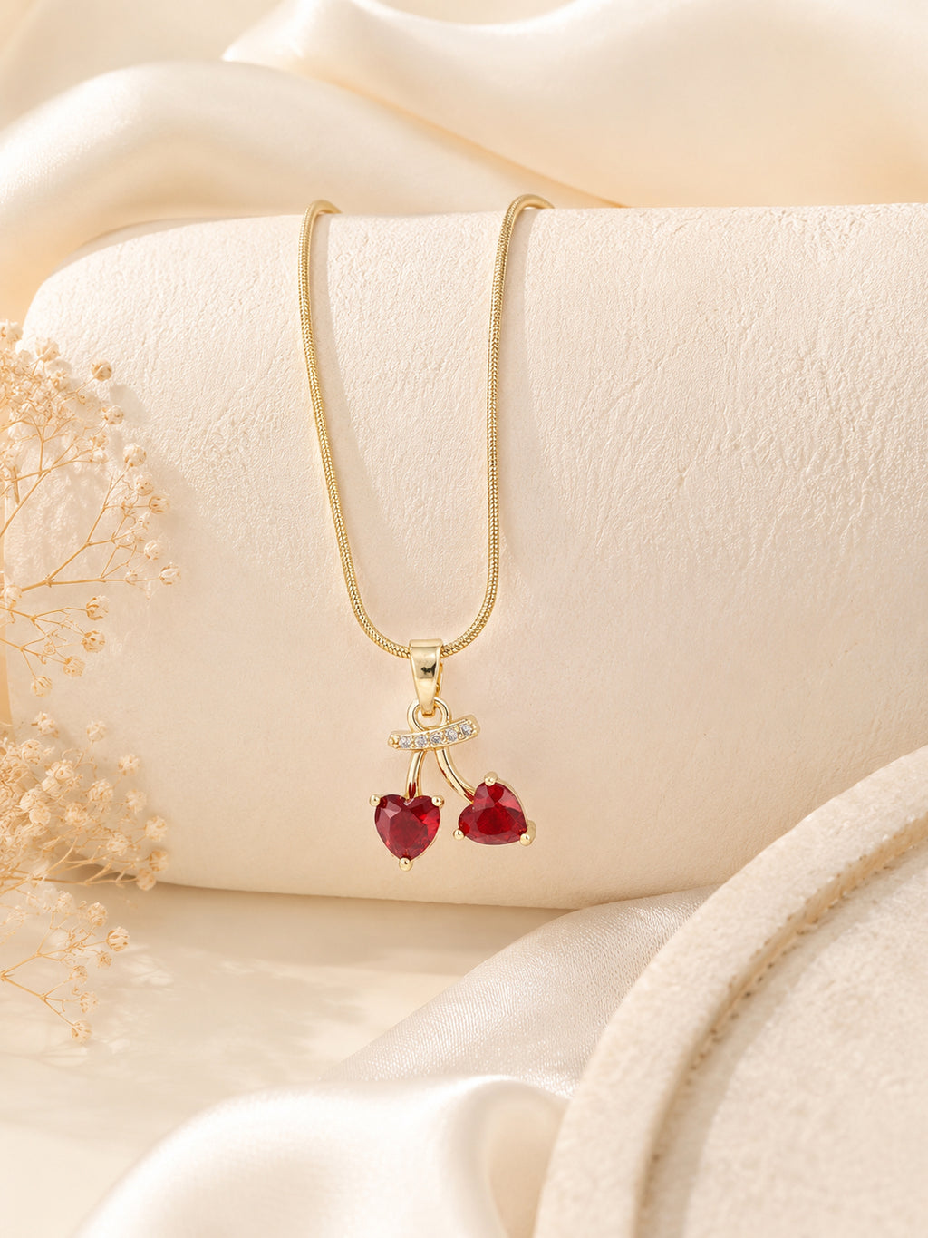 18K Gold Plated Twin Red Crystal Pendant Necklace for Women