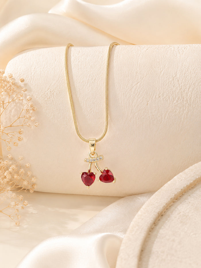 18K Gold Plated Twin Red Crystal Pendant Necklace for Women