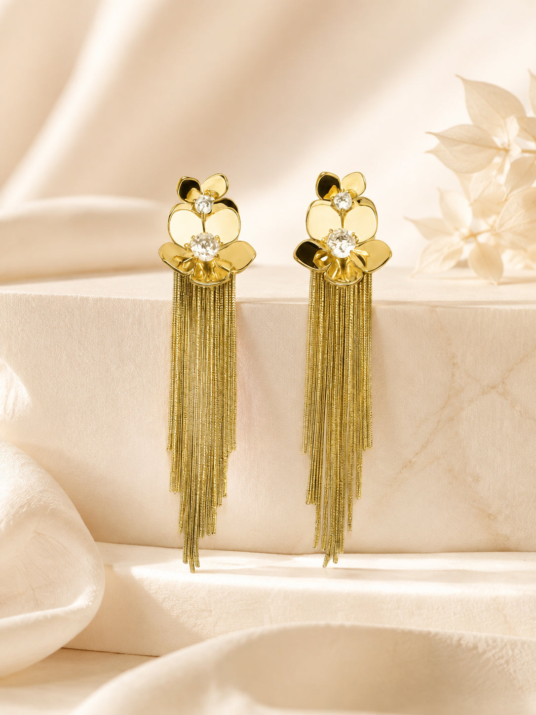Aanura Crystal Floral Tassel Gold Drop Earrings