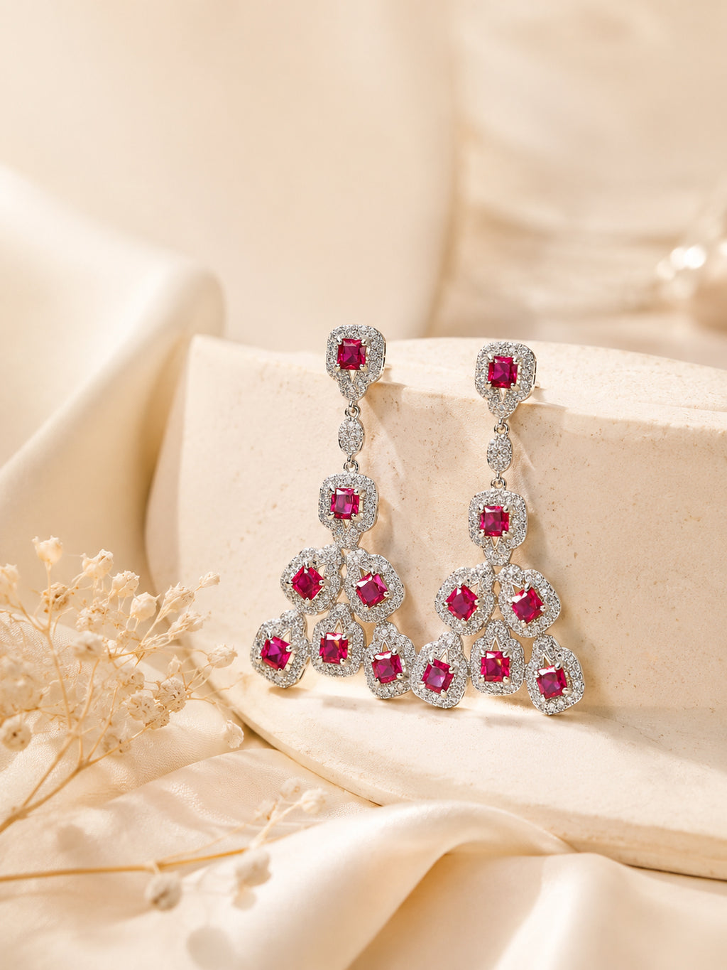 Aanura Silver Ruby Square Chandelier Earrings