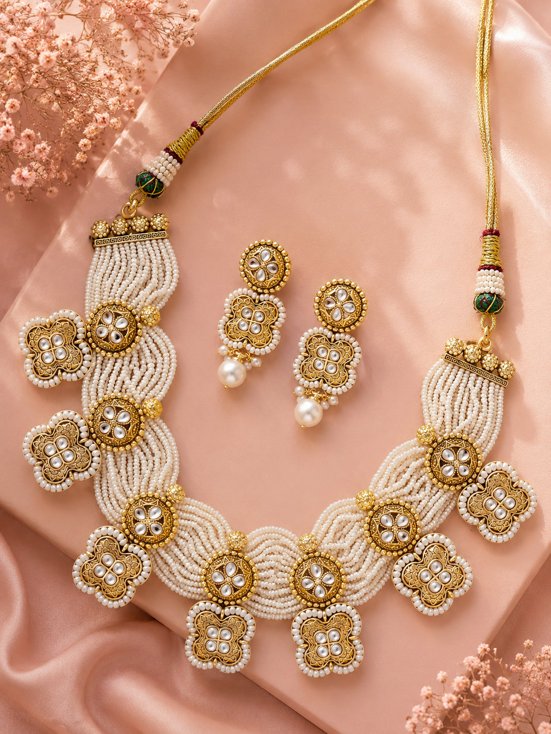 Aanura White Beaded Kundan Choker Necklace with Motifs