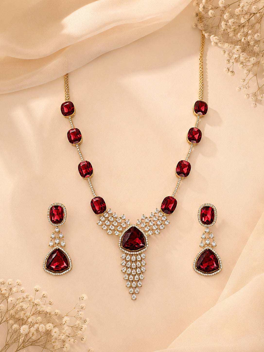 Aanura Ruby Red Geometric Necklace Set