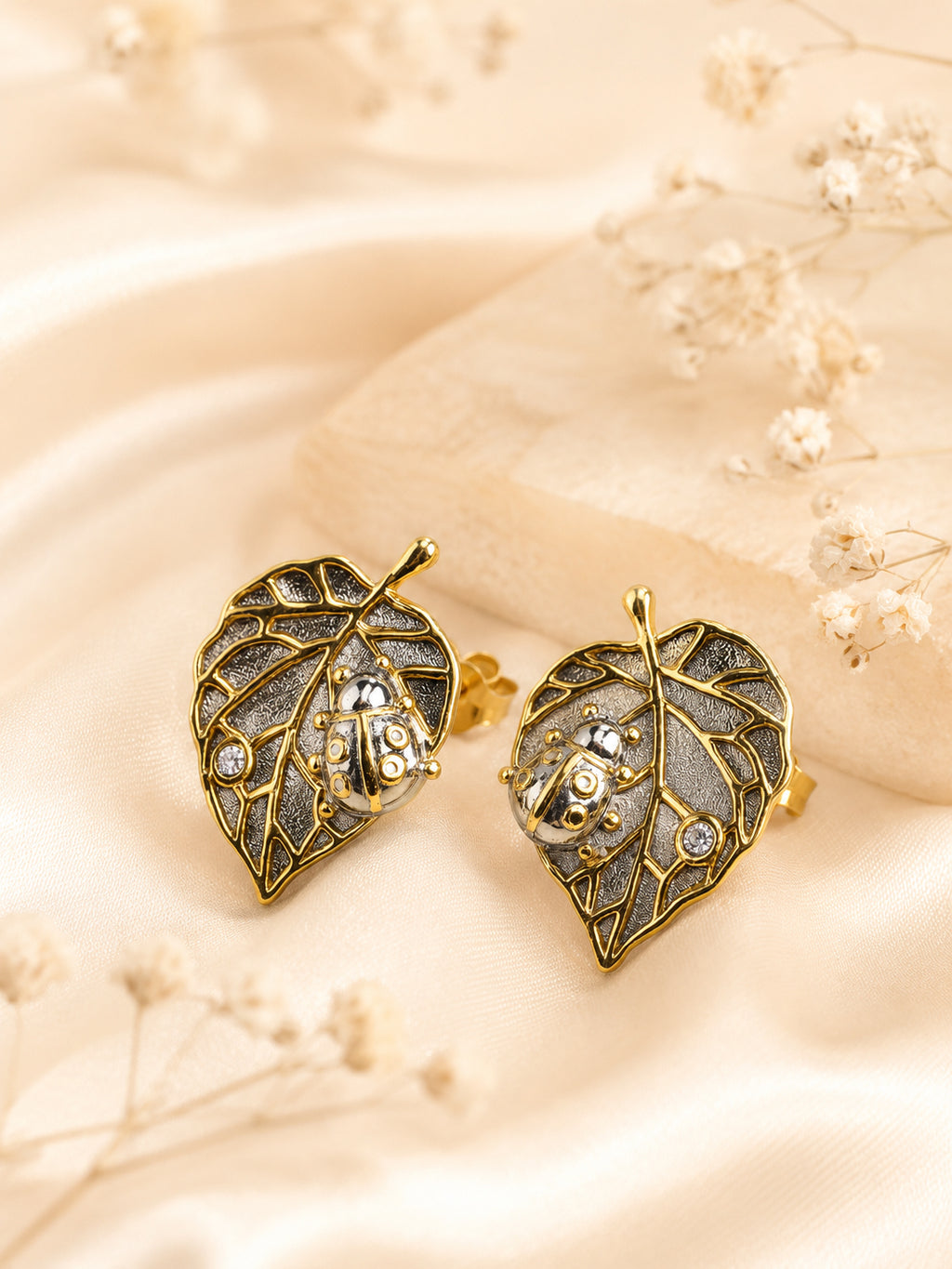 Aanura Leaf Ladybug Earrings