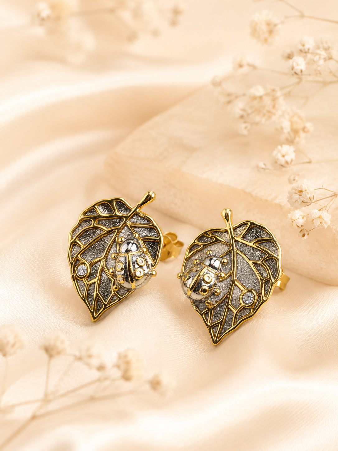 Aanura Leaf Ladybug Earrings