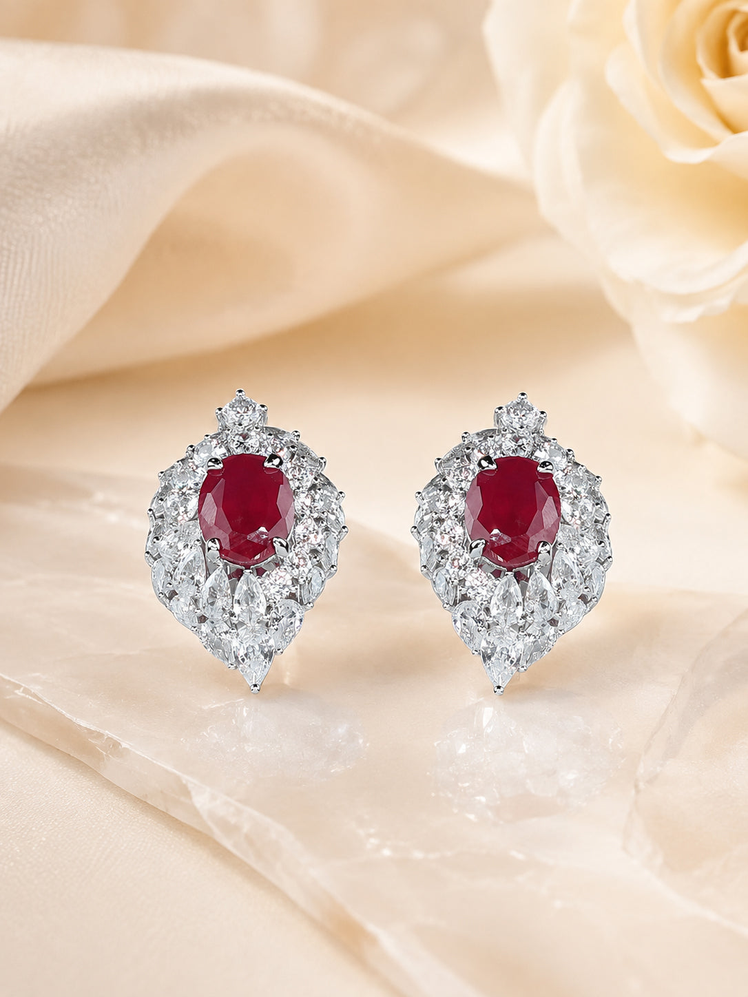 Aanura Red Oval Gemstone Pear Halo Stud Earrings