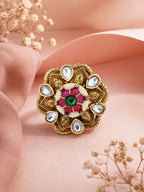 Aanura Gold-Plated Floral Kundan Green Ruby Ring