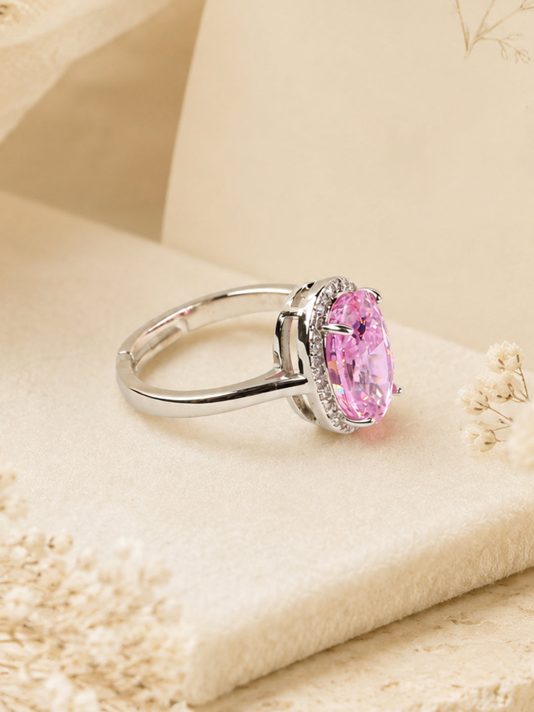 Rhodium Plated Pink Halo Anti-Tarnish Waterproof Ring