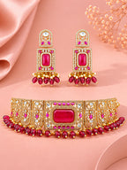 Aanura Red Stone Bridal Choker Set with Earrings