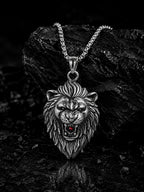 Rhodium-Plated Lion Pendant Waterproof Stainless Steel Chain for Men