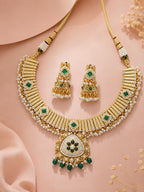 Aanura Kundan Choker Necklace with Green Stones & Pearls