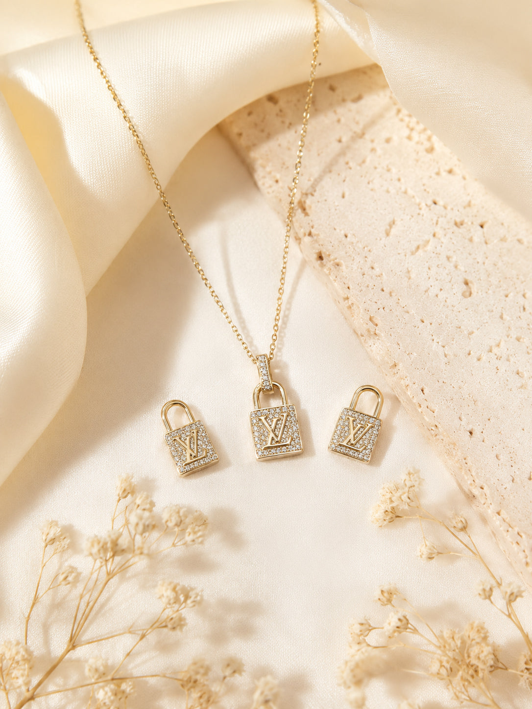 Golden Lock Pendant Necklace & Earrings Set