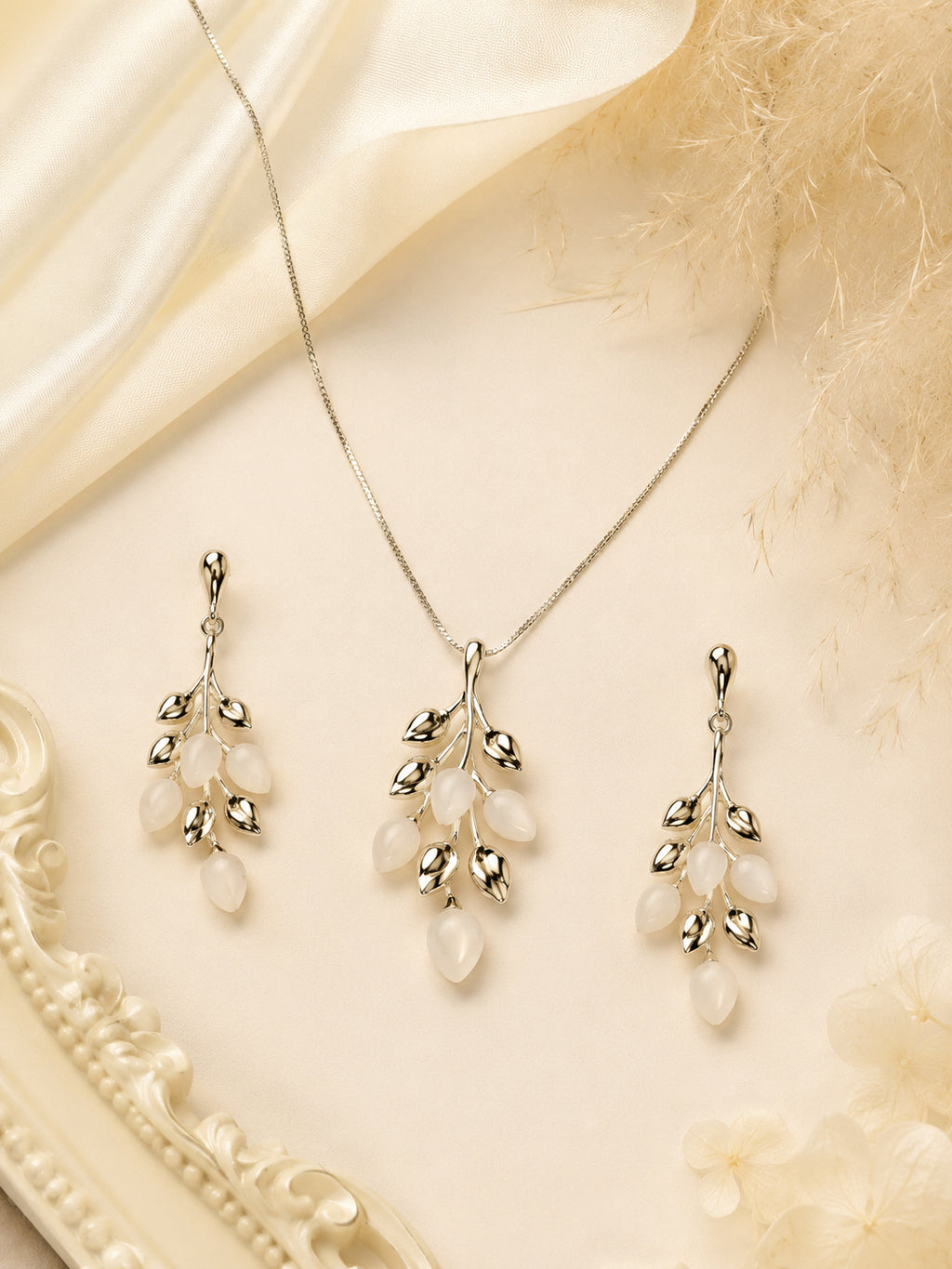 Aanura Golden Leaf Drop Necklace & Earrings Set