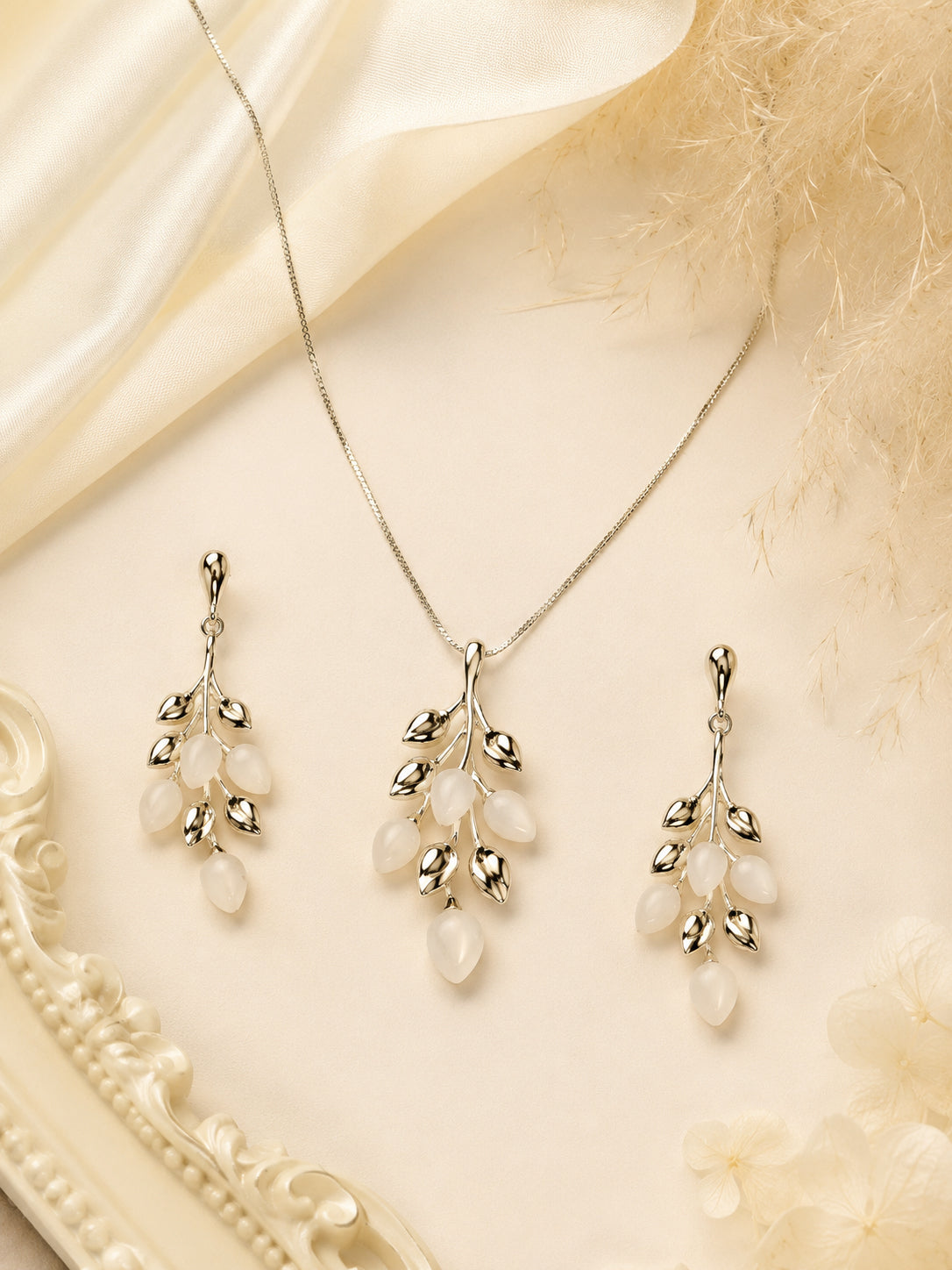 Aanura Golden Leaf Drop Necklace & Earrings Set