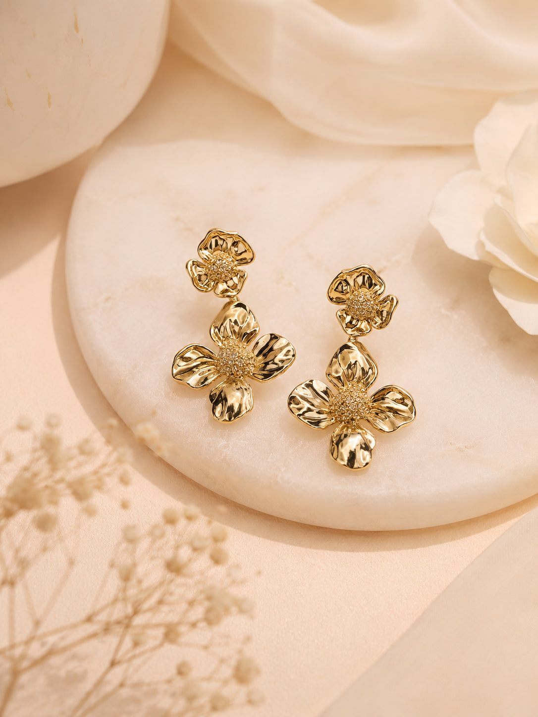 Aanura Bold Golden Floral Drop Earrings