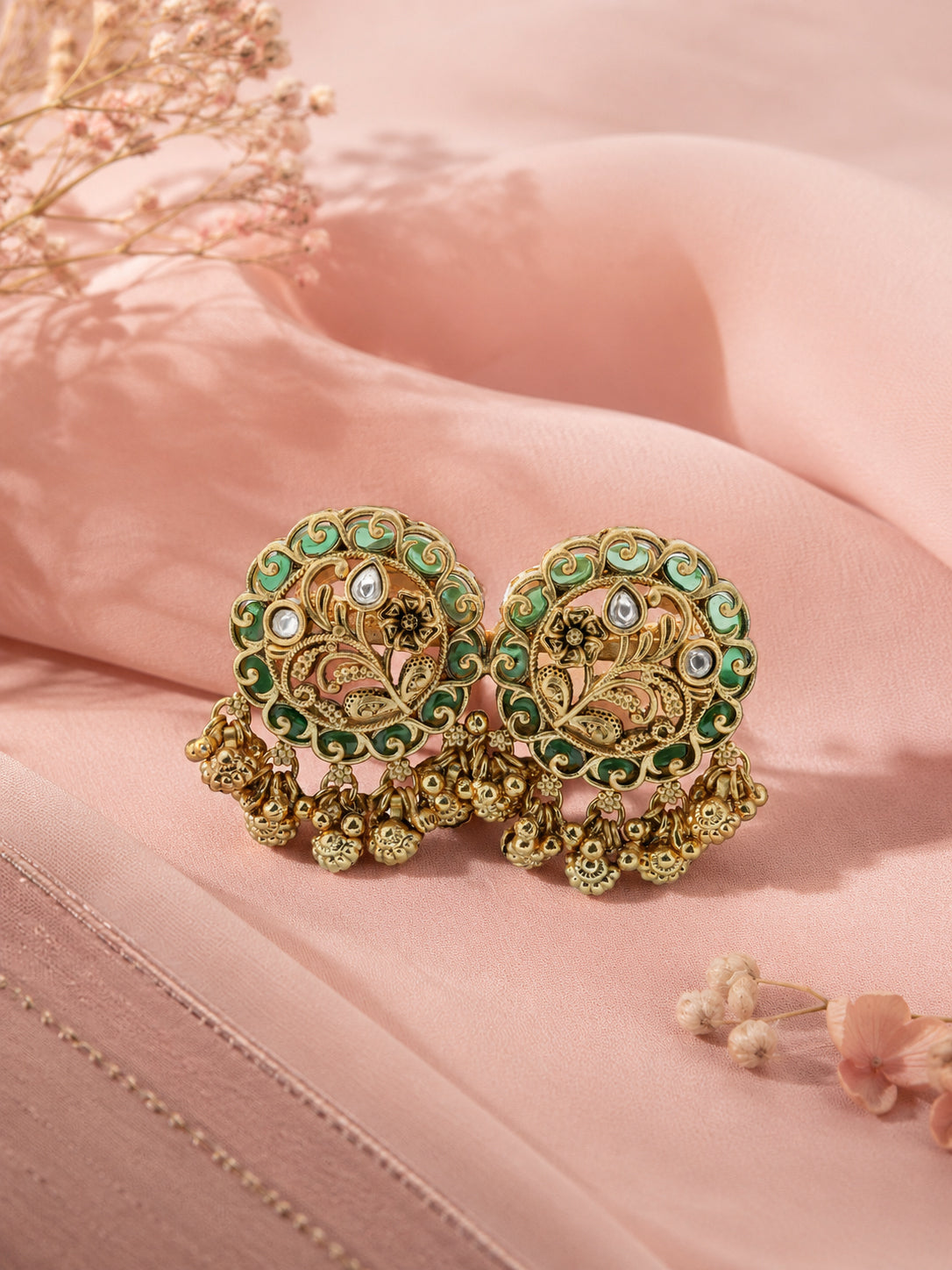 Aanura Gold-Plated Green Enamel Floral Rings