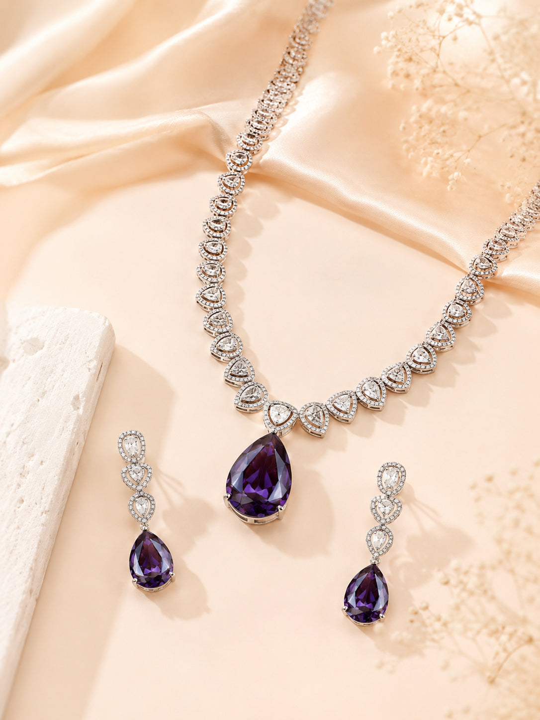 Aanura Purple Teardrop Crystal Necklace Set