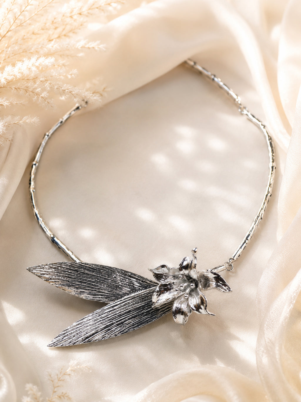 Aanura Silver Floral Statement Choker Necklace