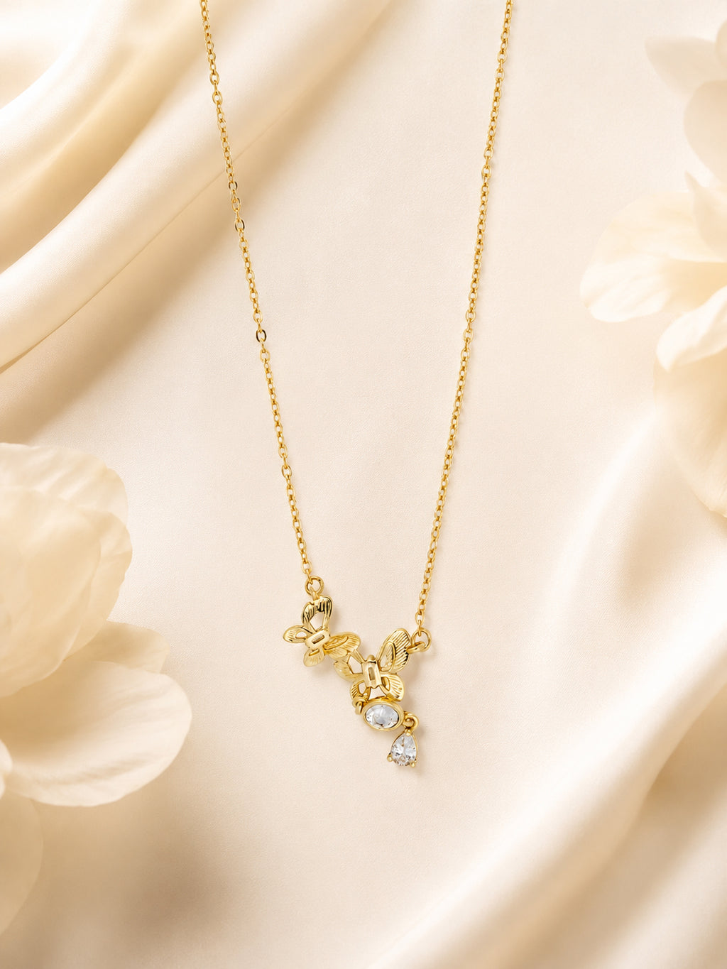 18K Gold Plated Butterfly Trio Crystal Drop Necklace
