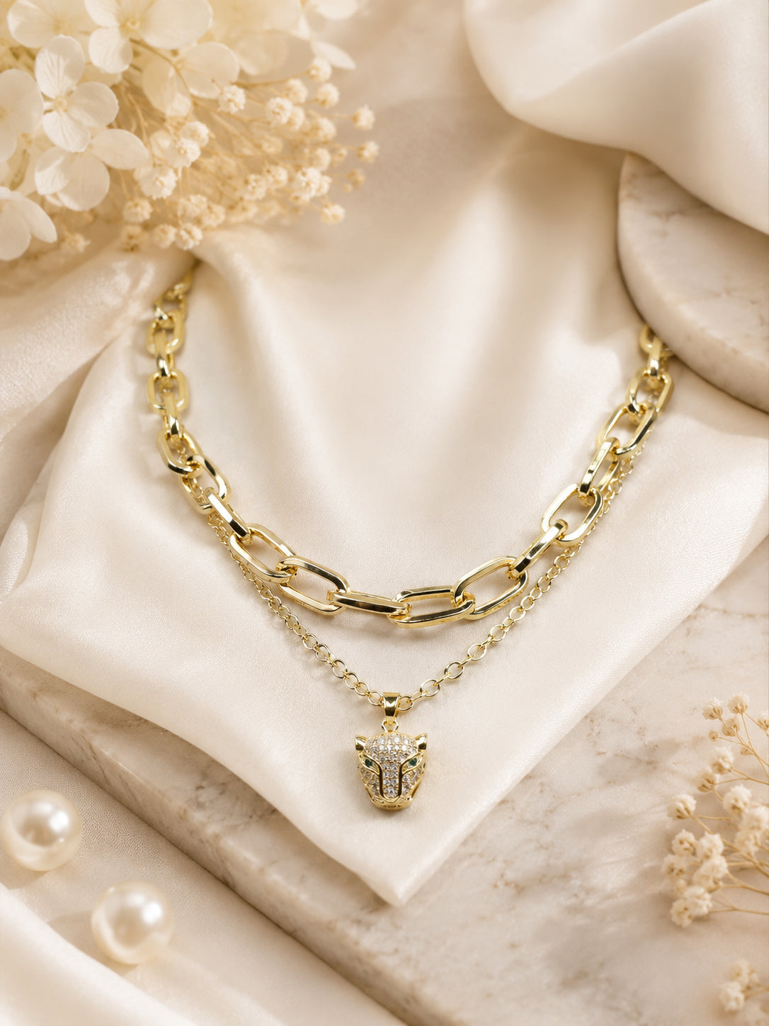 Aanura Gold Panther Pendant Layered Chain