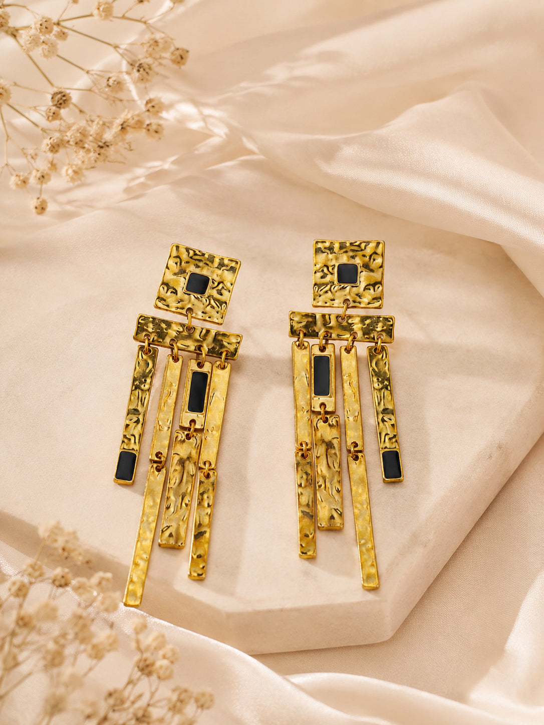 Aanura Hammered Gold Black Stone Dangle Earrings