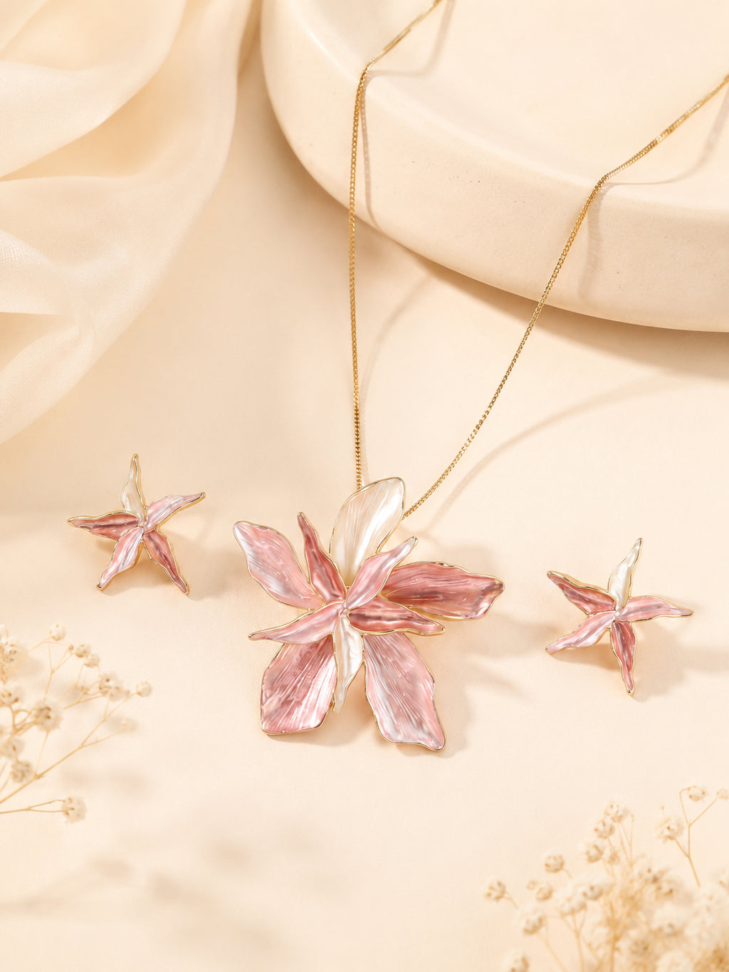 Aanura Pink Orchid Flower Necklace & Earrings