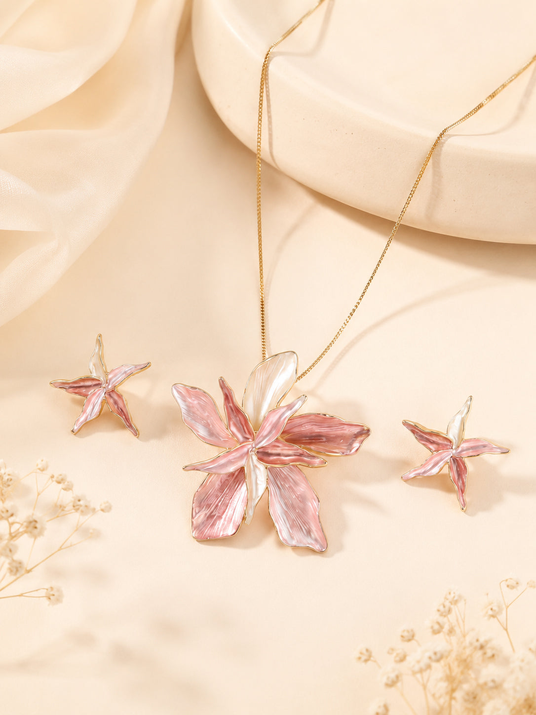 Aanura Pink Orchid Flower Necklace & Earrings