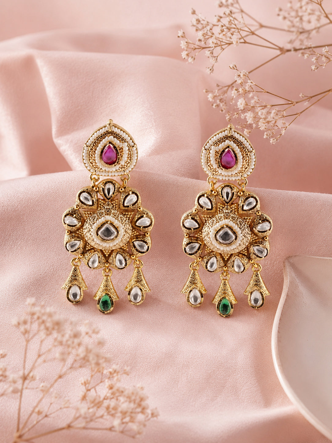 Aanura Gold Kundan Earrings with Red & Green Stones